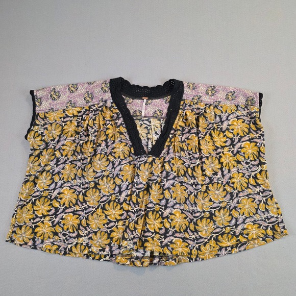Free People Tops - Free People Mixed Floral Boho Crochet V-Neck Cap Sleeve Top Mustard Purple Med